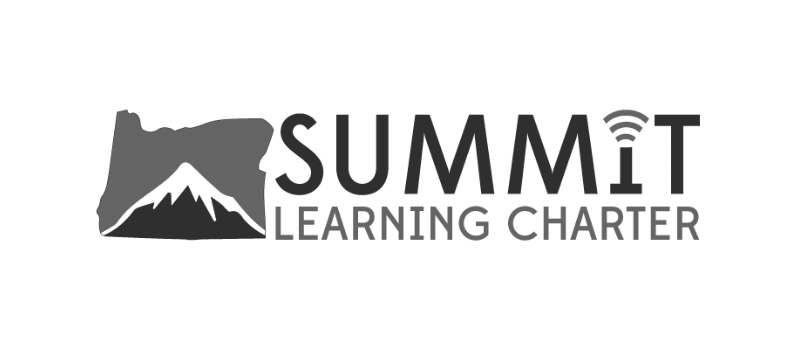 Logo for Summit Learning Charter, featuring an outline of the state of Oregon with a mountain inside it, next to the text Summit Learning Charter. The I in Summit has wireless signal lines above it.