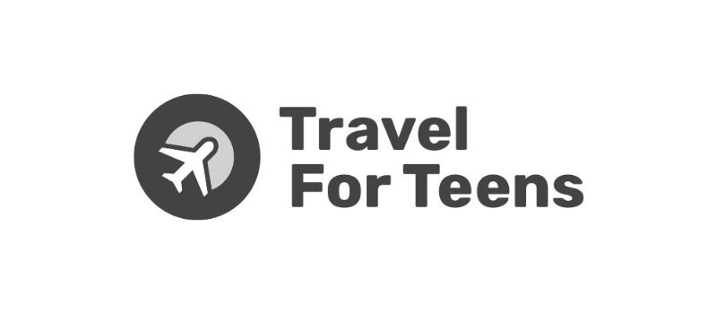Logo for Travel For Teens featuring a white airplane icon inside a dark circle to the left of the text Travel For Teens in bold, dark letters on a white background.