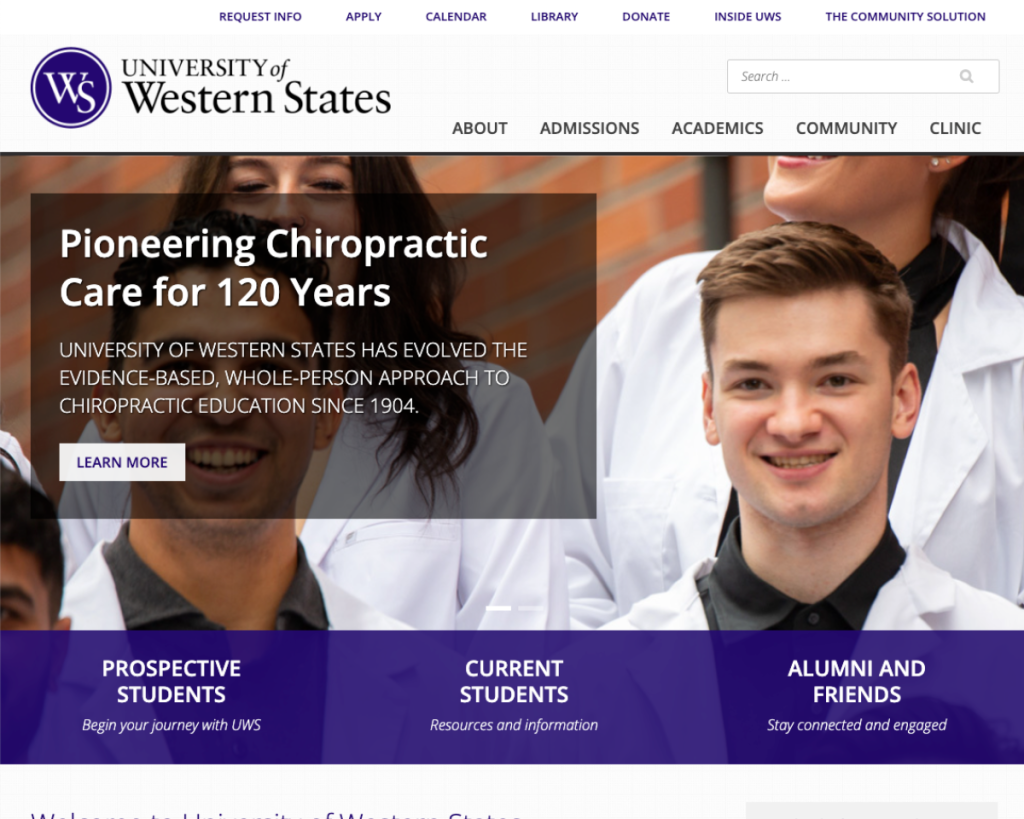 Screenshot of the University of Western States website showing students in white coats smiling. Text highlights 120 years of pioneering chiropractic care and offers links for prospective students, current students, and alumni.
