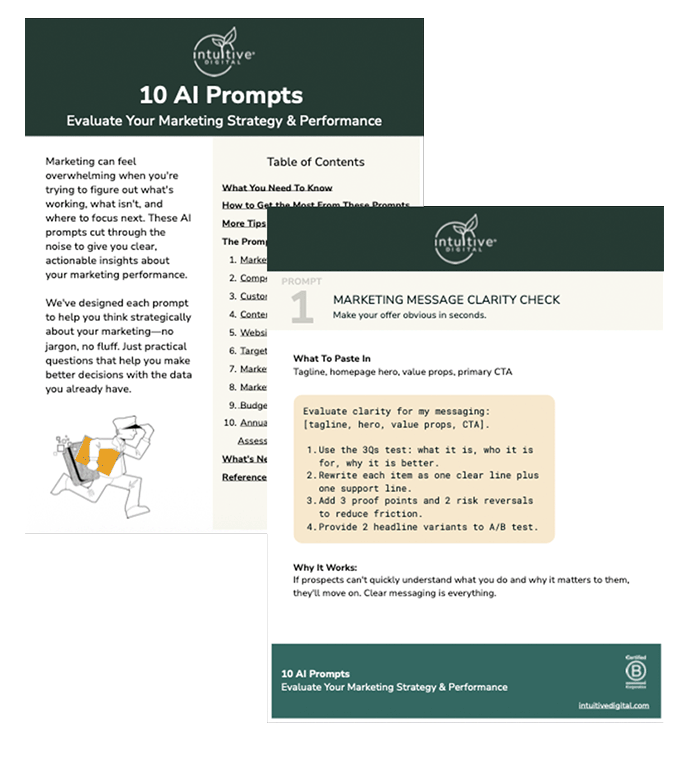 Collage showing the cover and an inside page of Intuitive Digital’s guide, “10 AI Prompts to Strengthen Your Marketing Strategy.”