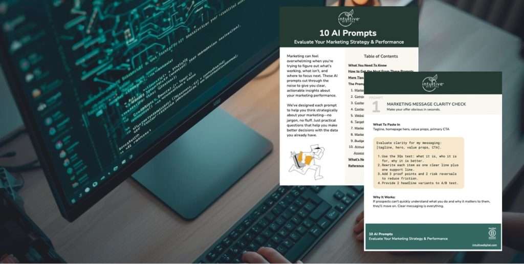 Laptop workspace with code on screen alongside a guide titled “10 AI Prompts to Strengthen Your Marketing Strategy” by Intuitive Digital.