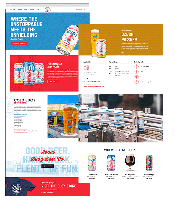 Buoy Beer website design showcasing craft beer branding, product pages, and brewery storytelling.