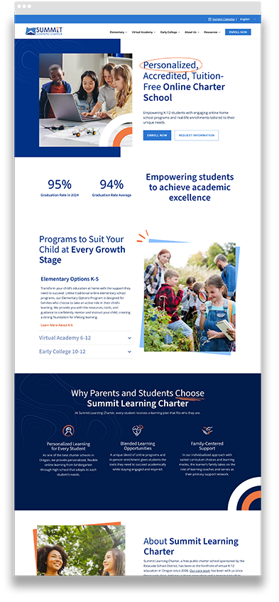 Summit Learning Charter School website homepage highlighting online education programs and student success.