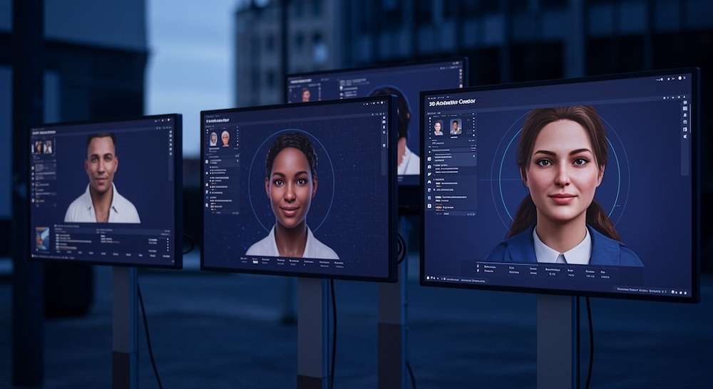 Three computer monitors display digital avatars of diverse people against a dark background, suggesting a virtual meeting or digital identity interface, with an urban environment visible in the background.