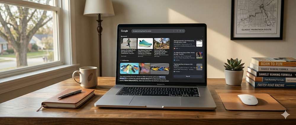 A laptop on a wooden desk displays Google image search results for “blue-winged warbler.” The desk also holds a notebook, pen, coffee mug, mouse, phone, and stacked books, with a window and wall art in the background.
