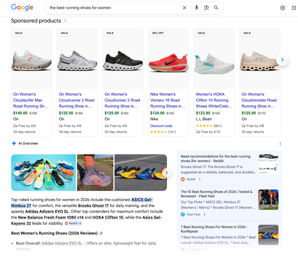 Screenshot of a Google search for “the best running shoes for women” showing sponsored product ads for various women’s running shoes in different colors, prices, and brands, above search results and reviews.